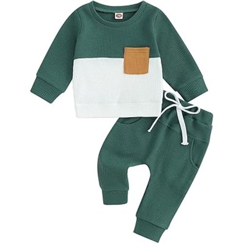 Baby Boy Clothes Fall Winter Waffle Knit Contrast Color Sweatshirt Tops Casual Pants Set Toddler 2Pcs Outfit