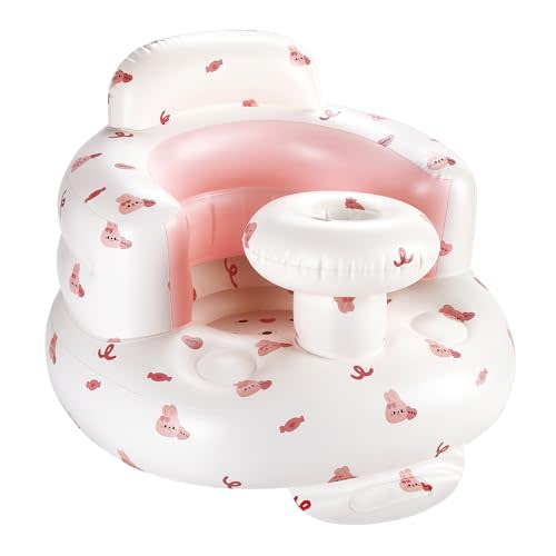 Hvygss Inflatable Baby Seat with Tray, Sit Me Up Floor Seat for Baby Learning to Sit, Portable Built in Air Pump Blow Up Baby Chair,Sitting Support Infant Chair for 3 Months Up (Pink Bunny)