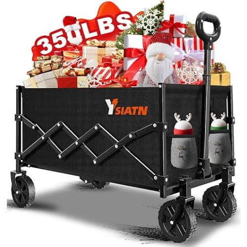 Collapsible Wagon Cart Foldable with 350lbs Weight Capacity, Lightweight Utility Shopping Cart with Wheels, Folding Grocery Wagon Carts Portable for Beach Garden Sports and Camping, Black