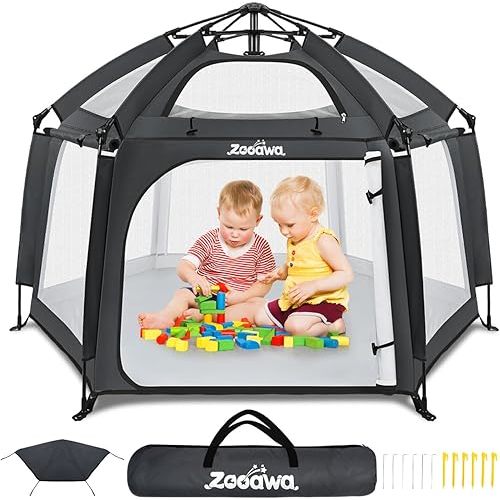 Zooawa Pop Up Playpen for Baby, Portable Playpen for Babies and Toddlers with Removable Sun-Shades& 2 Side UV Covers, Lightweight Outdoor Baby Play-Pen for Beach Home with Travel Bag, Black