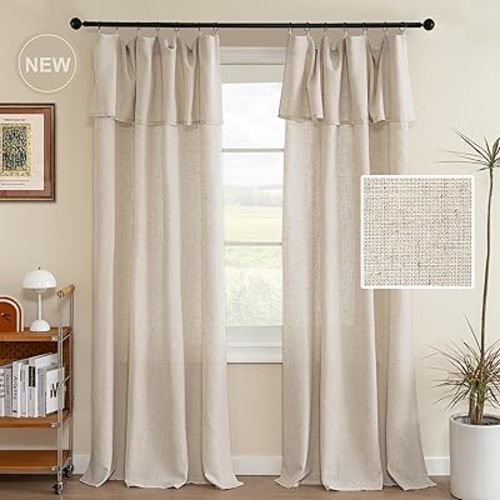 H.VERSAILTEX Linen Fabric Curtains with Valance 95 Inches Long Rich Linen Curtains Privacy Drapes Rod Pocket/Ring Top for Farmhouse Textured Curtains 2 Panels Set, 52" W x 95" L, Linen