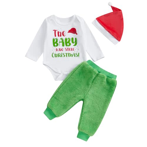 Lamuusaa Newborn Baby Boy Christmas Outfit The Baby Who Stole Christmas Romper Warm Plush Long Pants Xmas Hat Set 0-12M