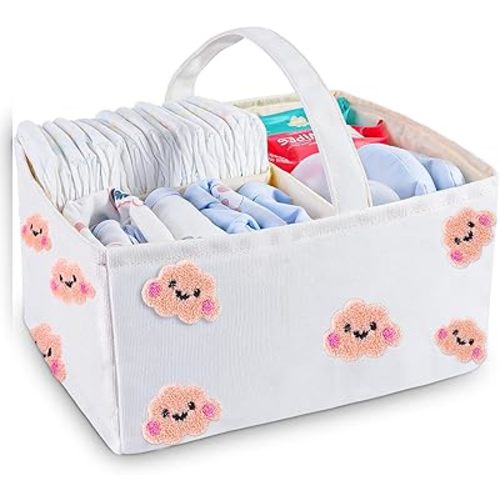 Baby Diaper Caddy Organizer with Handle - Durable Canvas Storage Basket with Cloud Embroidery, Portable Nursery Organizer for Newborn Essentials, Diaper Travel Bag, Baby Shower Basket-Pink