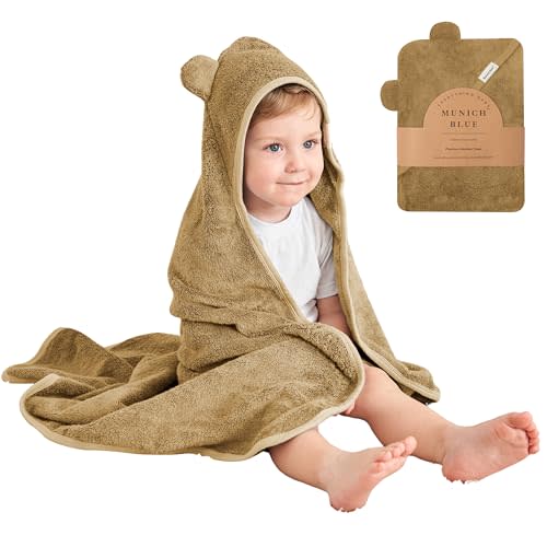 Munich Blue Toddler Bath Towel for Boys & Girls - Soft Baby Bath Towels with Cute Bear Ears - Cozy Baby Towels, Toddler Towels for Newborn, Infant & Toddler - 600 GSM, 35x35 inch (Brown Sugar)