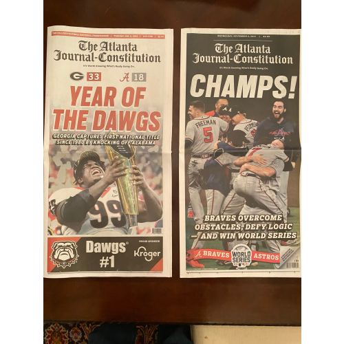Atlanta Braves World Series And Georgia Bulldogs National Champs AJC Limited Edition Newspapers. Original Newspapers. Not Reprints. In Hand.