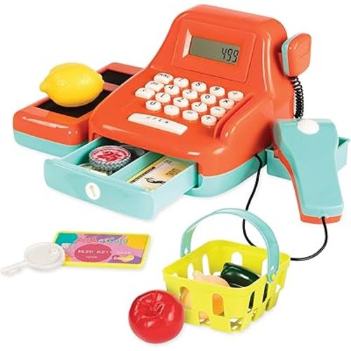 Battat – Interactive Kids Cash Register with Scanner & Sounds – 26 Pieces Pretend Play Shopping Set with Light – Up Scanner, Play Money & Card – Educational Toy for Learning & Fun – 3+ Years