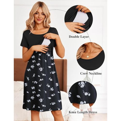 Ekouaer Women's Nursing Dress Summer Short Sleeve Patchwork Maternity Breastfeeding Knee Length Dress