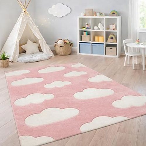 Paco Home Modern Kids Rug with Clouds in Pink Pastel for Nursery, Size: 5'3" x 7'7"