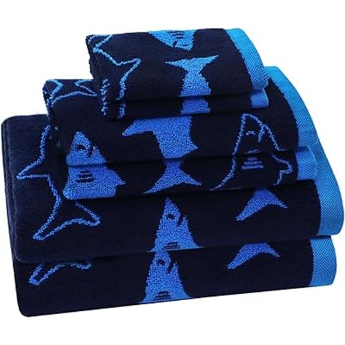 ORIGINAL KIDS 6 Piece Towel Set - Bath Time Shark Attack- 2 Bath Towels, 2 Hand Towels, 2 Washcloths - 100% Cotton Jacquard Soft Absorbent Quick Dry Pool Beach Towel Gift - Navy Blue
