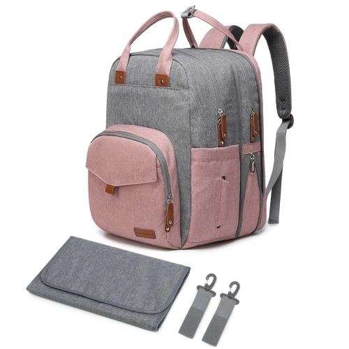 Large Diaper Bag Backpack for Two Kids Twins - Expandable Baby Bag (26-36L), Dual Big Compartments - Includes Changing Pad & Stroller Straps, Unisex Pink Grey