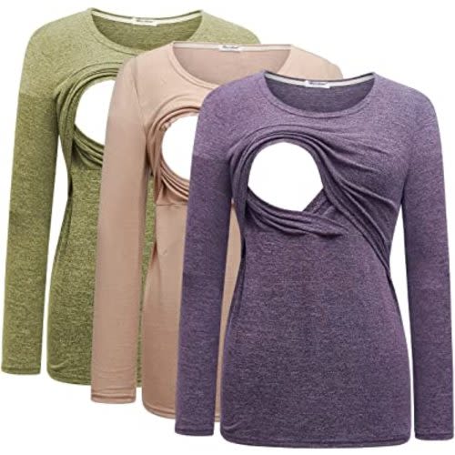 Bearsland Women's 3 Packs Maternity Clothes Long Sleeves Breastfeeding Shirts Nursing Top