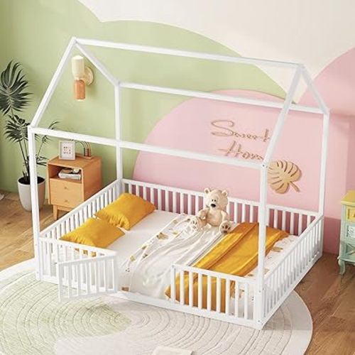 Bellemave Full Size House Bed for Kids, Montessori Floor Bed with Door, Metal House Bed with Door, Floor Bed for Kids, Montessori Floor Bed with Fence, White