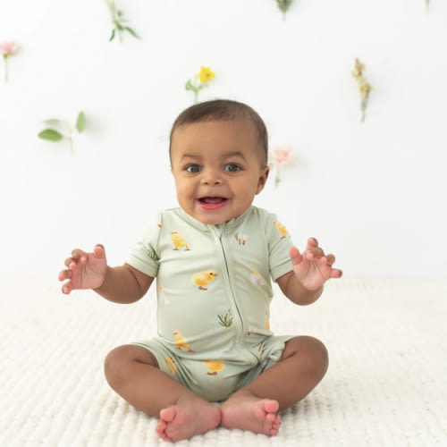 Zippered Shortall Romper in Aloe Chick