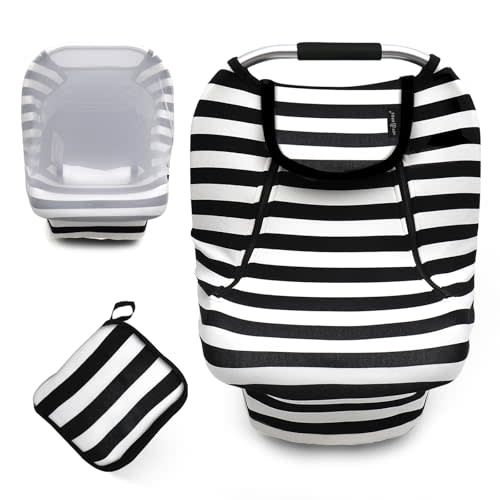 ACRABROS Car Seat Covers for Babies,All Season Infant Carseat Cover Canopy for Boys and Girls,Stretchy Adjustable Peeping Window with Mesh Cover,Warm Breathable Universal,Black White Stripe