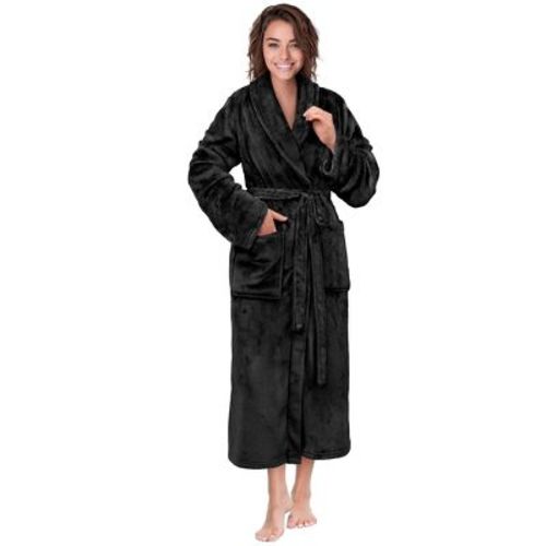 PAVILIA Womens Robe Fleece Plush Soft, Fluffy Fuzzy Cozy Warm Lightweight Bathrobe, Shower Spa House Long Robes for Women (Black, Small-Medium)
