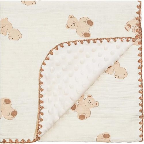 Baby Blanket Double Layer Cotton 40 x 40 Soft Receiving Blanket with Pattern Machine Washable Brown Bear