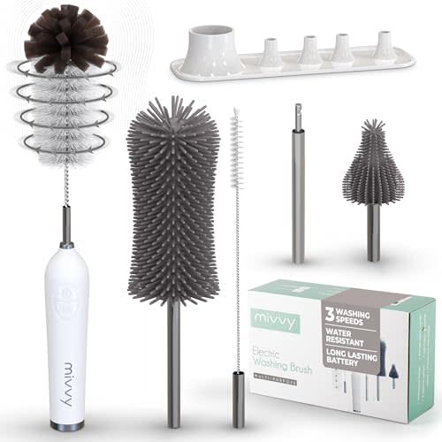 Electric Bottle Brush Cleaner with Extended Handle - Rechargeable Electric Baby Bottle Brush Set - Waterproof Electric Bottle Cleaner with Drying Stand, 2 Brush Heads, Straw & Nipple Brush