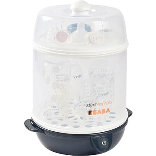 BEABA Steril' Express 2-in-1 Baby Bottle Sterilizer, Fast Sterilization in 6 Minutes, Auto Shut Off Feature, Steam Sterilizer for Baby Bottles, Midnight