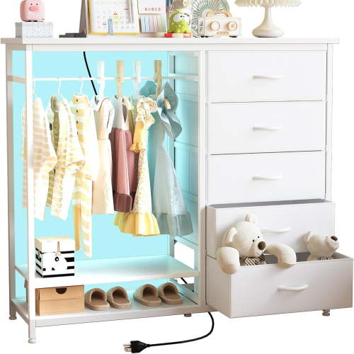 Dresser for Bedroom with Clothes Rack, 5 Drawers Dresser with Charging Station & LED Lights, Fabric Dressers & Chest of Drawers with PU Finish Storage Organizer, for Living Room Closet, White