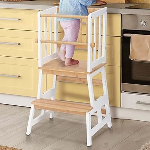 COSYLAND Kids Kitchen Step Stool, Toddler Standing Tower with CPC & FSC Certification, Removable Anti-Drop Railing Safety Rail Enjoys Unique Patented Design A Anti-tip Stable Structure Natural & White