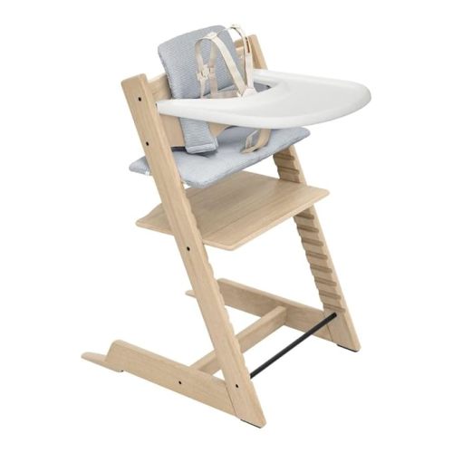 Stokke Tripp Trapp Oak High Chair 2 (Natural), Cushion 2 (Nordic Blue) + Stokke Tray (White) - Includes Chair + Baby Set with Removable Harness for Children 6-36 Months