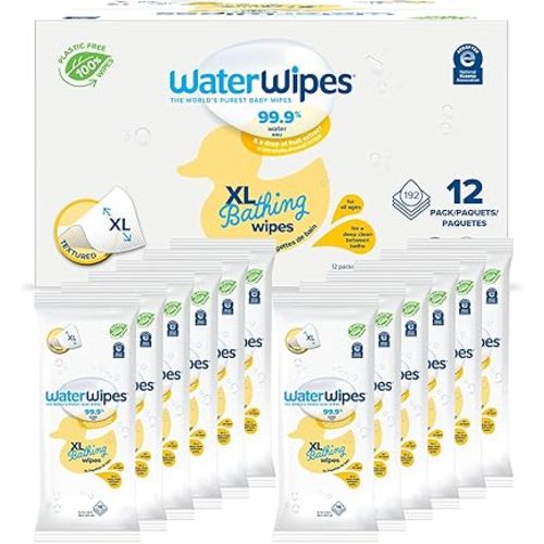 WaterWipes Plastic-Free XL Bathing Wipes for toddlers & babies, 99.9% Water Based Wipes, Unscented & Hypoallergenic for Sensitive Skin, 192 Count (12 pack), Packaging May Vary