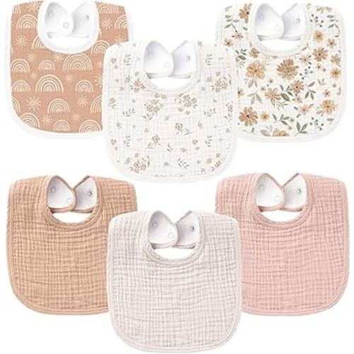 Konssy 6-Pack Muslin Baby Bibs for Boys & Girls, Soft Cotton Absorbent Bandana Drool Bibs for Drooling & Teething