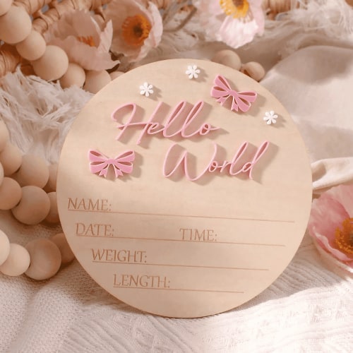 Ylsteed "Hello World" Newborn Name Sign Dusty Pink Butterfly Star Deco Baby Birth Announcement Sign for Baby Boys Girls Hospital Photo Props