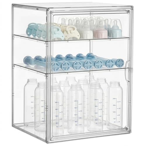 HBlife Baby Bottle Storage Organizer for Countertop Cabinet, 3 Tiers Adjustable Clear Acrylic Bottles Storage Station Case Box Container with 2 Removable Dividers and Magnetic Door, X-Large