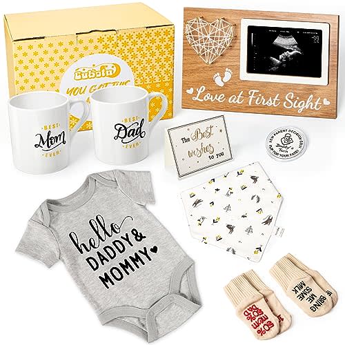Pregnancy Gifts for First Time Moms - New Parents Gift Set Pregnancy Announcement Baby Shower Basket Mom & Dad Mugs, Baby Ultrasound Frame, Decision Coin, Onesie, Bib and Socks