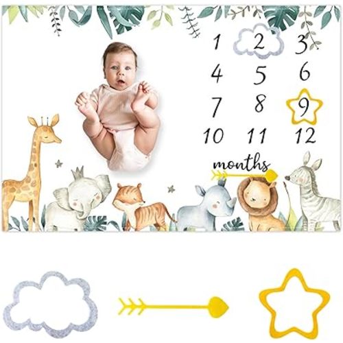 CSFOTO Jungle Animals Baby Monthly Milestone Blanket Tropical Plants Safari Themed Newborn Photography Props Neutral Personalized Shower Present Boys and Girls Recording Blanket 60"x40" with Frame