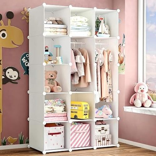Modular Baby Wardrobe Closet, Portable Children Organizers and Storage for Nursery,15 Cubes with Hanging Rods,Multi-Functional Kids Storage Shelf-Bedroom Clothes Armoire (Boys & Girls)