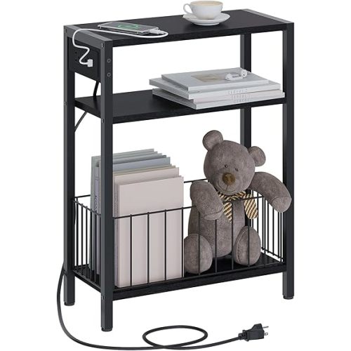 Narrow Side Table with Charging Station, Small End Table for Small Spaces, Slim Nightstand with Storage Basket, 3 Tier Skinny Bedside Table for Living Room, Bedroom, Black