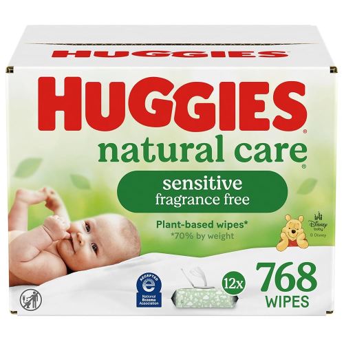 Huggies Natural Care Sensitive Baby Wipes, Unscented, Hypoallergenic, 99% Purified Water, 12 Flip-Top Packs (768 Wipes Total), Packaging May Vary