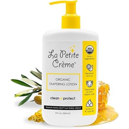 French Premium Diapering Lotion - Diaper Cream Alternative to Baby Wipes - Gentle Moisturizer & Skin Cleanser with USDA Certified Organic Ingredients - Baby Essentials (8 oz)