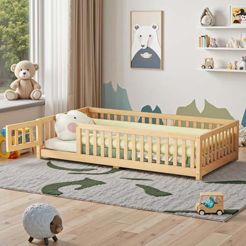 Kumix Toddler Floor Bed with Fence Guardrail and Door, Wooden Twin Size Floor Bed with Slats Support for Kids Boys & Girls, Montessori Floor Bed Frame for Bedroom, Floor Bed for Toddlers 1-3, Natural