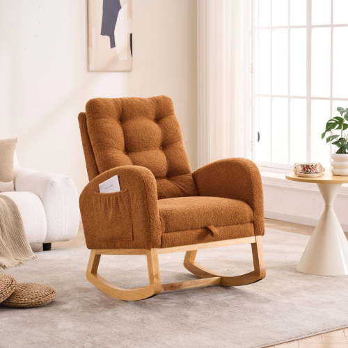 Modern Nursery Rocking Chair with Footrest,Modern Glider Chair with Adjustable Footrest,High Back Support and Side Pocket,Comfortable Rocking Chair for Living Room,Bedroom,Nursing Room,Caramel