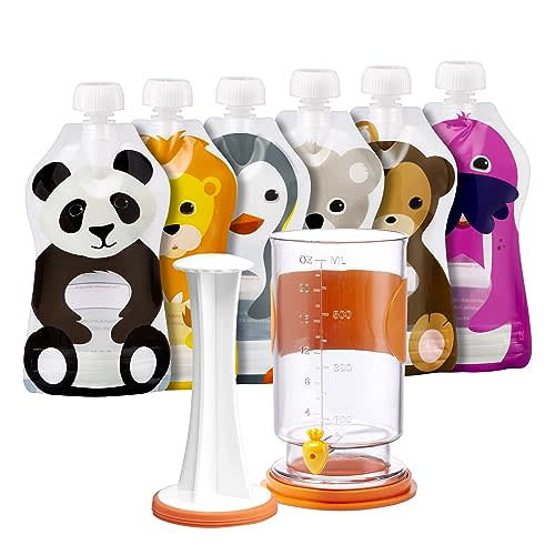 The Filling Station: Squooshi Food Pouch Filler + 6 Large 5 oz Reusable Pouches for Baby Food Puree Storage and Snack Food Pouches