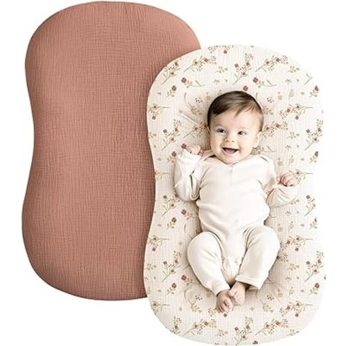 Konssy Muslin Baby Lounger Cover 2 Pack, 100% Cotton Newborn Lounger Cover, Soft and Breathable Lounger Slipcover for Boys Girls, Covers Only (Chestnut,Floral)