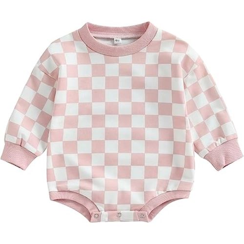 Karuedoo Baby Boy Girl Checkered Sweatshirt Romper Oversized Long Sleeve Bubble Romper Top Neutral Baby Fall Clothes