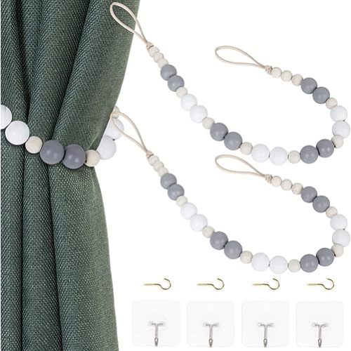 2 Pieces Wood Bead Curtain Tieback Boho Curtain Tiebacks Curtain Holdbacks for Wall Curtain Ties Window Treatment Curtain Tie Backs with Hooks for Nursery Decor Boho Decor(White, Grey, Wood Color, 2)