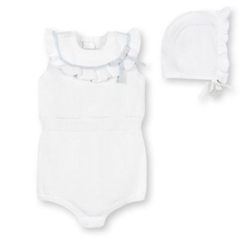 Hope & Henry Layette Baby Girl Organic Sleeveless Ruffle Sweater Romper And Bonnet 2-piece Set, White With Pale Blue, 6-12 Months