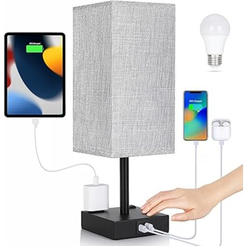 Bedside Table Lamp for Bedroom - Touch Small Lamp with USB C+A Charging Ports & AC Outlets, 3 Way Dimmable Nightstand Light for Living Room (LED Bulb Included, Grey)