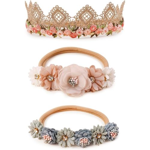 Baby Girl Floral Headband Nylon Flower Crown Elastic Hairband 3pcs Hair Accessories Gift for Girls (9572)
