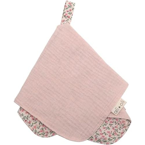 Ali+Oli Security Blanket for Baby (Pink Flowers) Pacifier Blanket Holder Made with Soft Muslin Cotton, Cuddle Blanket with Lead-Free Button Snap Closure, Pacifier Holder, Baby Blankets (15"x15")