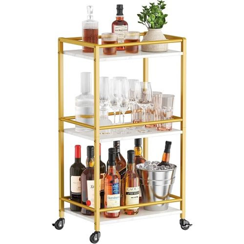 Lifewit Bar Cart for The Home, 3 Tier Rolling Wine Cart, Drink Serving Cart with Lockable Wheels, Mini Liquor Utility Cart for Dining Living Room, 43 x 30 x 81.5 cm/17x 11.8 x 32.1 inch, Gold