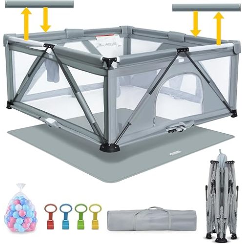 Baby Playpen Foldable, Heyo.Ja Large Play Yard, Playpen for Babies and Toddlers, Play Pens for Babies and Toddlers with Gate, Indoor & Outdoor Portable Play Pen (Washable 71x59in, Cold Grey)
