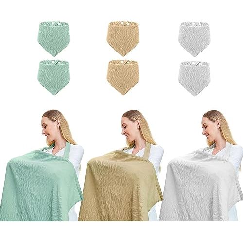 Baby Nursing Covers, Breathable 100% Cotton Nursing Cover with Arched Neckline,Nursing Apron. (Mint Green/khaki/Light Grey)