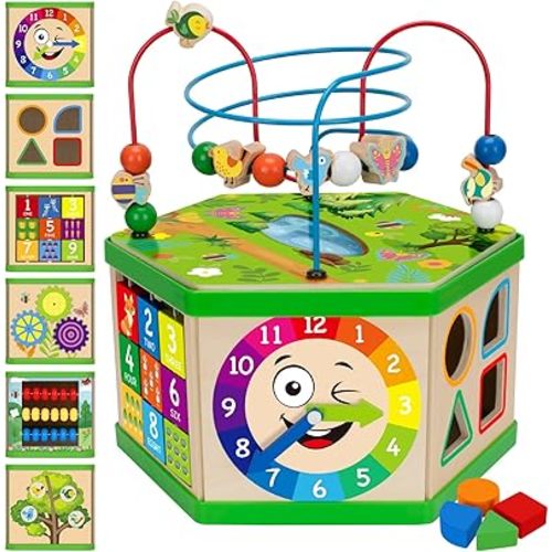 Wooden Activity Cube for 1 Year old, 12-18 Month Boys & Girls, 7-in-1 STEM Montessori Early Developmental Learning Toys for Kids Aged 1-2, Ideal 1st Birthday Gift Toys for Baby, Toddlers (Green)