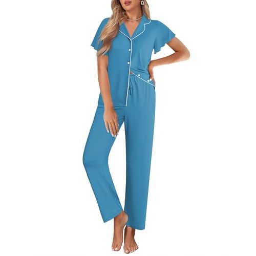 Ekouaer Pajamas for Women Set Button Up Sleepwear Cute Pjs Ruffle Sleeve Notch Collar Loungewear with Long Pants S-XXL